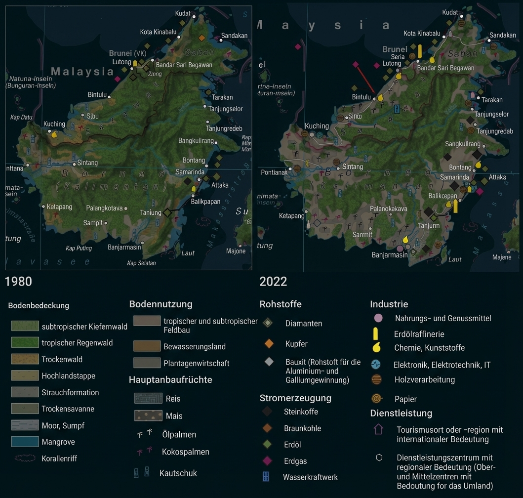 Zwei thematische Karten von Borneo im Vergleich (1980 und 2022), die den drastischen Rückgang des tropischen Regenwaldes zugunsten von Plantagenwirtschaft (insbesondere Ölpalmen) sowie die Zunahme von Bergbau, Industrie und Infrastruktur zeigen.